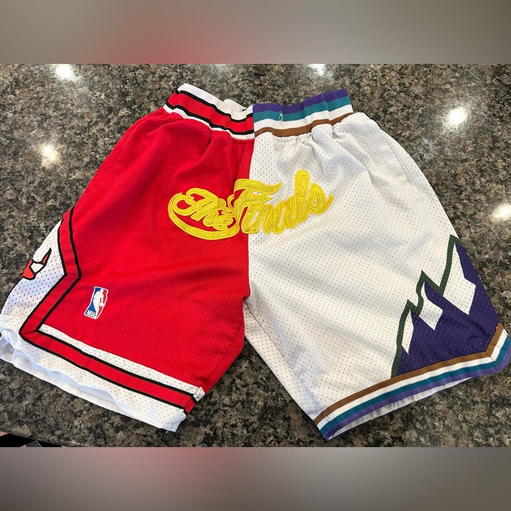Just Don Split Red and White NBA-Inspired Athletic Shorts with Yellow Applique